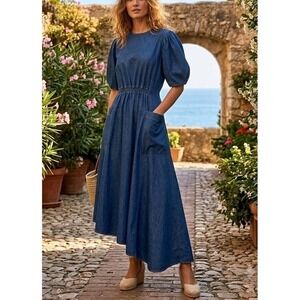 NWT ALIGNE Harlin Denim Midi Dress UK18 US14 Cotton Puff Sleeve Pockets Blue